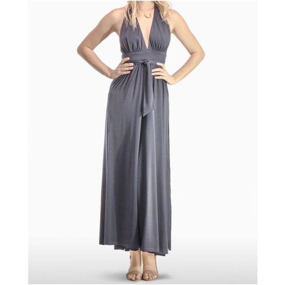 NWT Josa Tulum Cata Maxi Goddess Tie Low Halter Dress – Warm Grey (One Size) - Picture 1 of 10